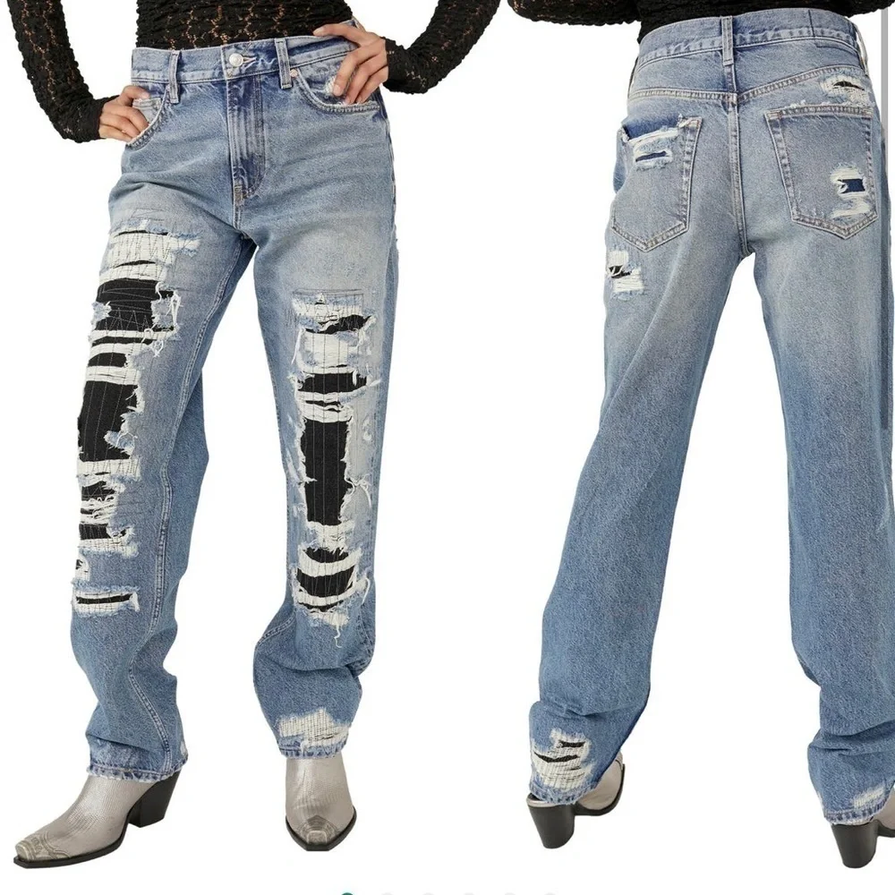 Free People McCoy Destroyed Patch Straight Leg Jeans 26 Tattered Blue $148